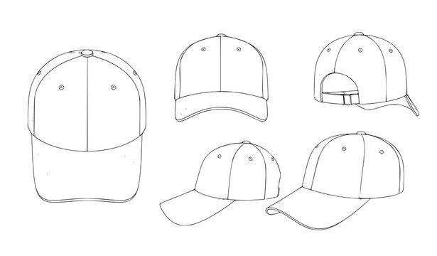 Minimal baseball cap outline set vector illustration multiple views isolated on white background