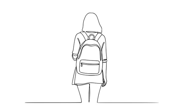 Single line woman walking backpack back view travel vector illustration isolated on white background