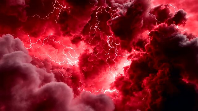 Intense red sky filled with clouds and streaks of lightning, stormy atmosphere