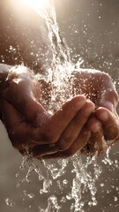 Fototapeta premium Action Photo of Fresh Sparkling Water Being Poured by a Hand, Frozen Motion of Crystal Clear Water Splash, Refreshing Hydration and Purity Concept