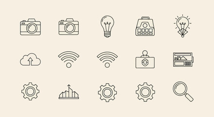Fototapeta premium Modern Technology Icons Set: Camera, Lightbulb, Cloud, Wifi, Gears, Search