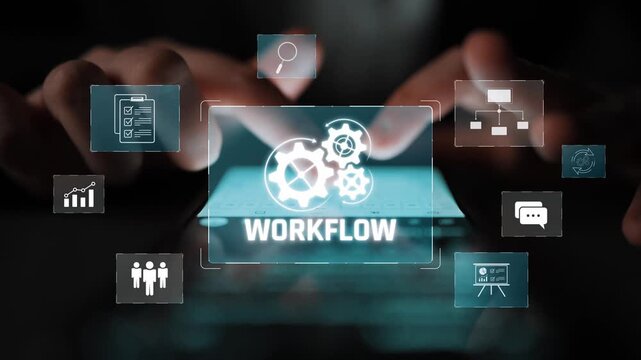 Workflow optimization concept featuring interconnected gears, task management, collaboration, process mapping, review, and automation for business productivity and efficiency Marrow