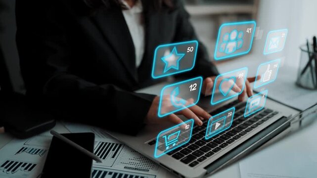 Icons representing social media interaction, communication, and engagement. Social media builds community, social media drives connection, and social media influences behavior. Marrow
