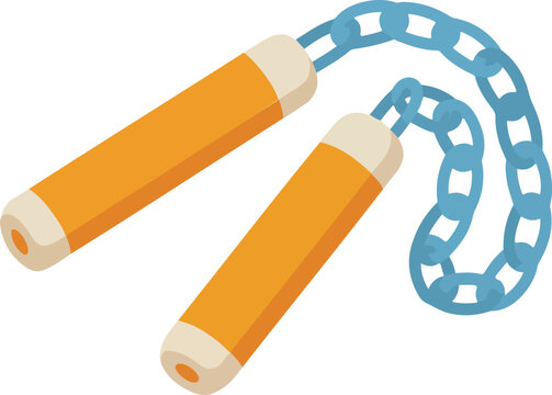 Minimalist vector illustration of wooden nunchaku with a blue chain link for martial arts, fitness, and self-defense concepts.