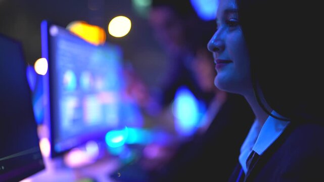 Focused female specialist with glasses scrutinizing complex coding and AI algorithms on screen while professional colleagues work in the background at a high tech night office hub.