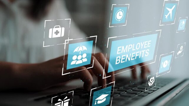 Employee Benefits Concept with Icons on Laptop Screen Showing Health Care, Education, Travel, and Professional Development Options for Workers Gluon.