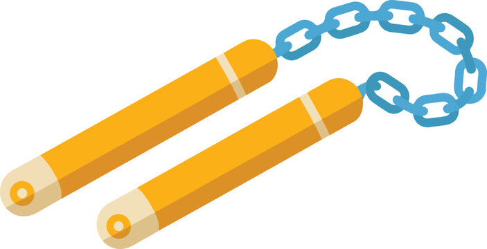 Minimalist vector illustration of wooden nunchaku with a blue chain link for martial arts, fitness, and self-defense concepts.