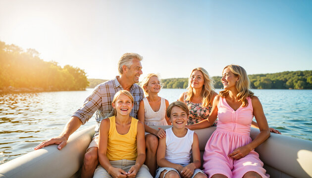 Grandparents enjoying pontoon boat ride with grandkids, familial joy