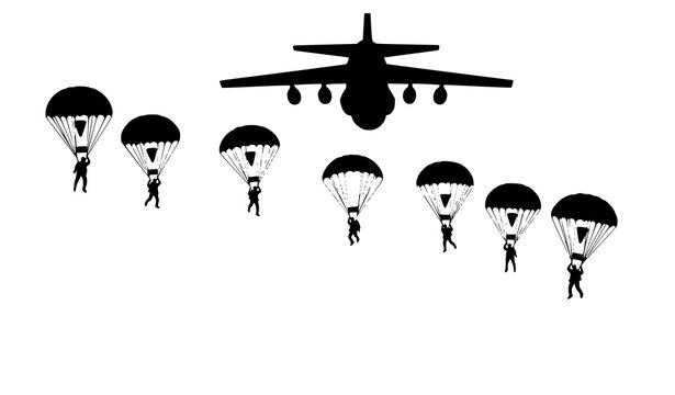 Paratroopers Silhouette Jumping from Military Aircraft Vector Illustration