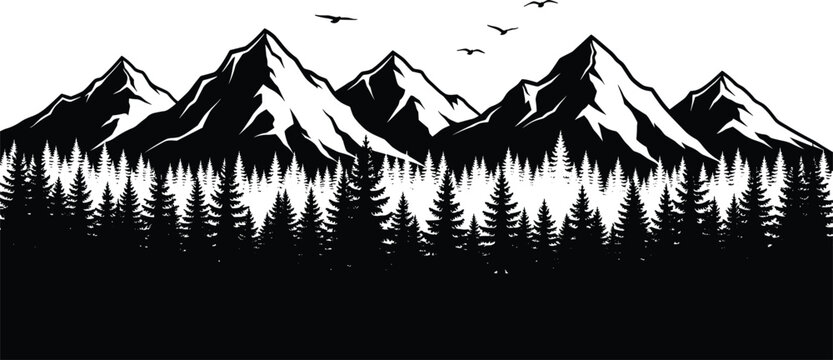 Mountain landscape silhouette vector with pine forest and flying birds isolated black nature wilderness scene illustration design