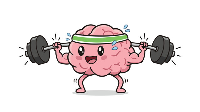 A cute cartoon brain character lifting weights with a happy expression, representing mental strength, brain training, focus, and healthy lifestyle.