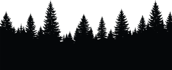 Fototapete Schwarz Pine forest silhouette vector, dense evergreen trees landscape border isolated on white background nature woodland illustration design element  © Jahanara