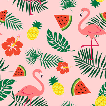 Summer seamless pattern. with flamingos, watermelons, pineapples, flowers, tropical leaves. Summer vibes. for wallpaper, cover, fabric, wrapping. Vector illustration
