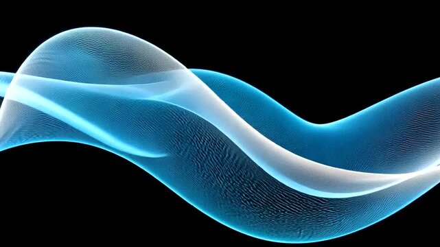 Abstract flowing pattern of layered blue and white lines on a black background