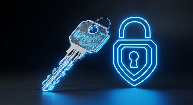 Vibrant blue digital key and stylized padlock icon symbolizing robust cybersecurity, secure data access, and information protection in a modern technological environment