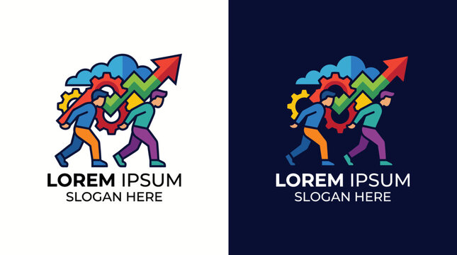 A vibrant logo design showcasing figures carrying upward arrows symbolizes growth, teamwork, and progress, representing dynamic business solutions in a creative manner.