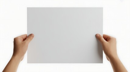 Obraz premium Two hands holding up a large blank white horizontal poster for your text. Isolated on transparent background, 