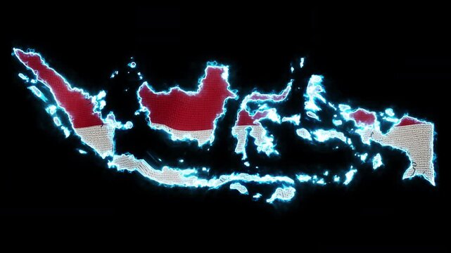 An animation of the Indonesia map filled with a waving Indonesian flag on a black background, enhanced by a glowing energy outline effect that creates a bold and dynamic visual.