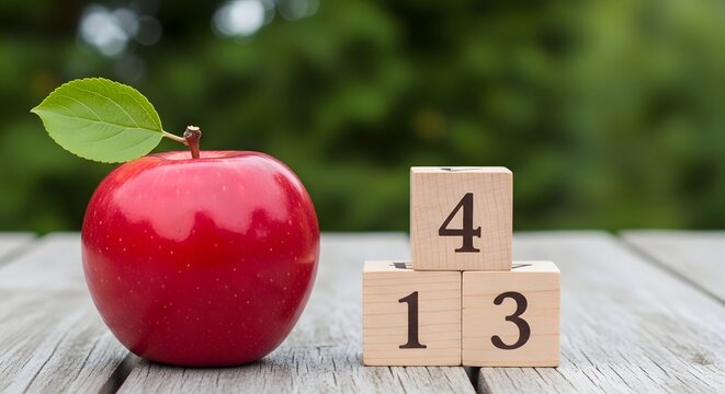 A fresh red apple with a green leaf next to wooden blocks displaying the number 413 on a weathered wooden table
