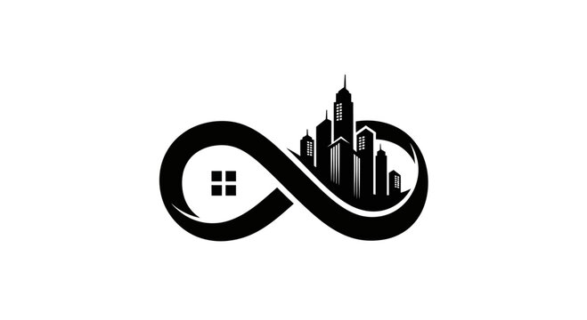 Cityscape infinity loop graphic design element.