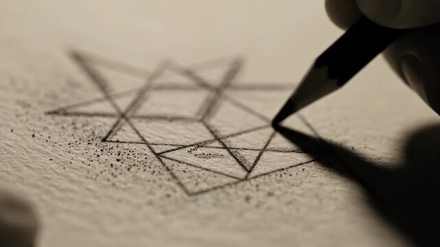 Pencil drawing a geometric design on paper
