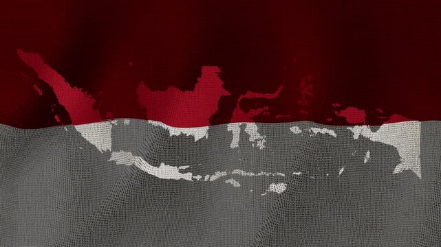 A realistic animation of the Indonesian flag waving gracefully, overlaid with a transparent of the Indonesia map, creating a clean and visually cohesive representation of national identity.