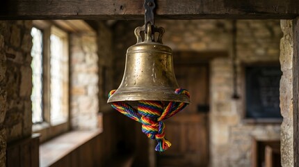 Obraz premium A weathered bronze bell bound by a vibrant rainbow rope hangs in a rustic stone chamber, symbolizing a resonant call for inclusion and the colorful awakening of tradition