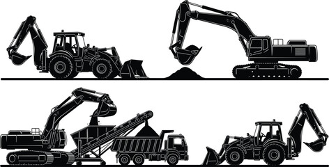 Construction machinery silhouettes vector, excavator, loader, dump truck set, heavy equipment vehicles isolated on white background illustration design © Jahanara