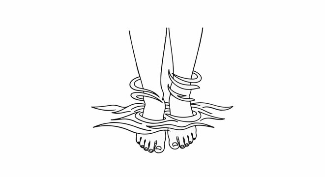Outline of bare feet entangled in swirling, wavy lines