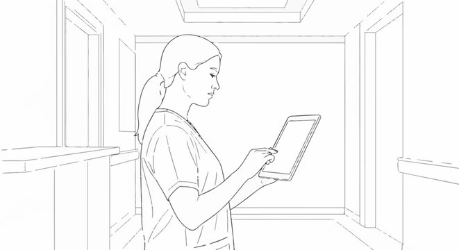 Outline sketch of a medical professional using a tablet in a hallway