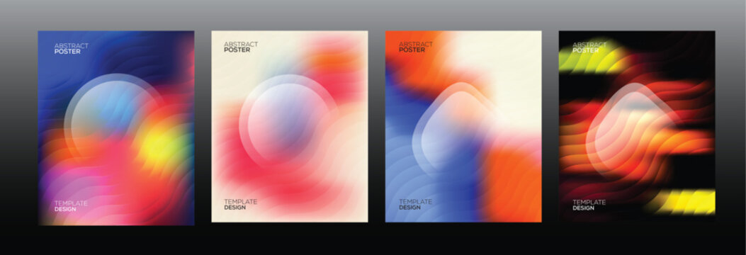 Set of abstract posters with vibrant fluid gradient backgrounds and geometric shapes