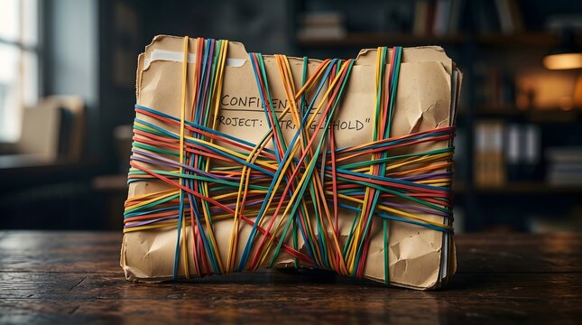 A confidential file folder bound by a suffocating web of multicolored rubber bands, representing the complex constraints of red tape, suppressed information, and bureaucratic restriction