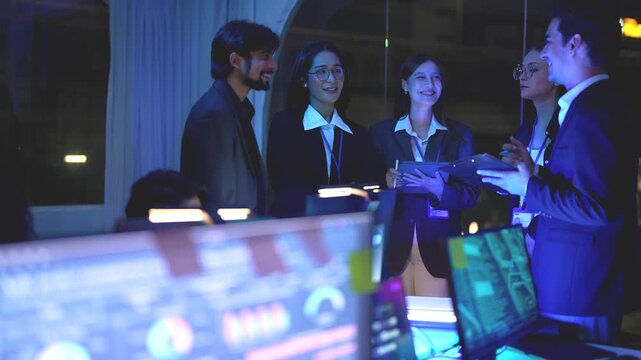 Cyber security expert managing digital safeguard protocols inside a sophisticated dark workspace hub with immersive neon blue monitor glow and professional cinematic lighting effects during ni...