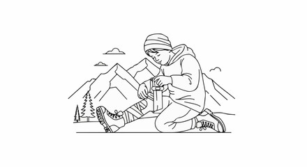 Obraz premium Person preparing outdoor gear with mountains and trees in background