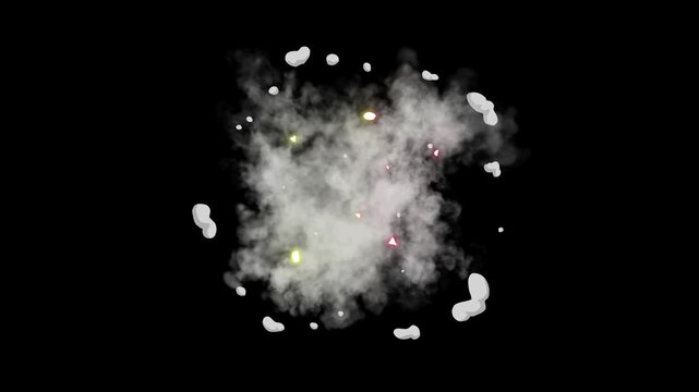 Smoke burst fx animation, cartoon 2d hand drawn smoke explosion, anime energy spark light, flash puff dust transition, dynamic blast effect on black screen background 4k