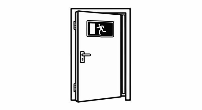 Open door with emergency exit sign showing a running person