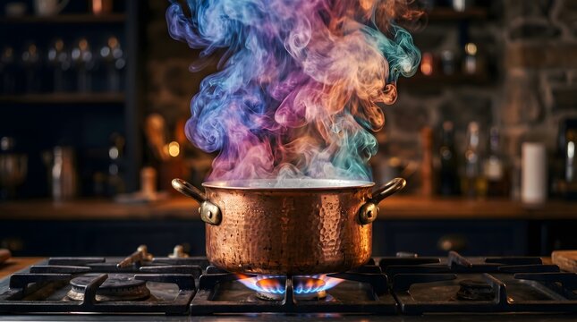 Vibrant iridescent steam swirls from a copper pot on a gas flame, symbolizing the magical alchemy of culinary creation, creative inspiration, and the fusion of imaginative ideas