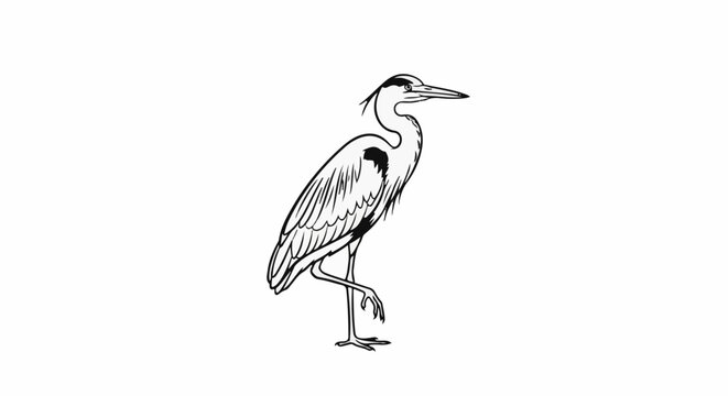 Minimalist line drawing of a grey heron standing on one leg
