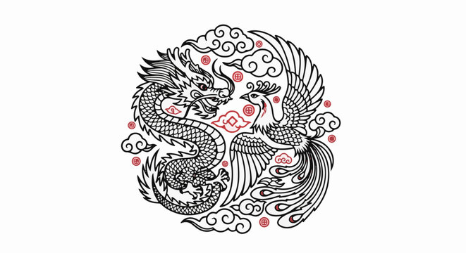 Mythical dragon and phoenix circle with clouds and traditional emblems