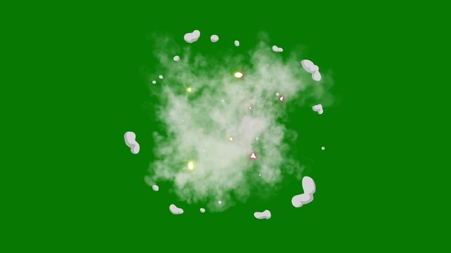 Smoke burst fx animation, cartoon 2d hand drawn smoke explosion, anime energy spark light, flash puff dust transition, dynamic blast effect on green screen background 4k