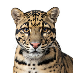 Fototapeta premium Clouded Leopard Close Up Portrait of an Exotic Wild Cat on White Background