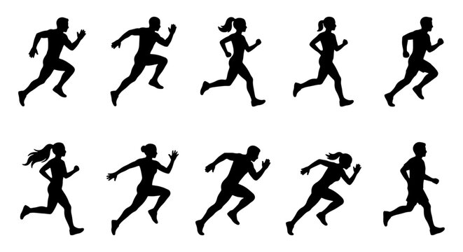 Running people silhouettes set, 10 black vector icons of male and female runners, athletic men and women jogging in motion, sports and fitness activity