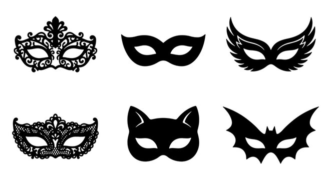 Venetian masquerade mask collection, black lace and animal silhouette eye masks, set of 6 vector icons for carnival and party invitations