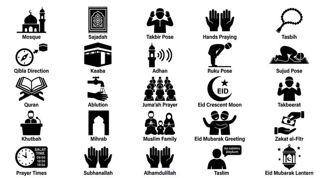 Complete Islamic Religious Activities and Rituals Solid Black Icon Set