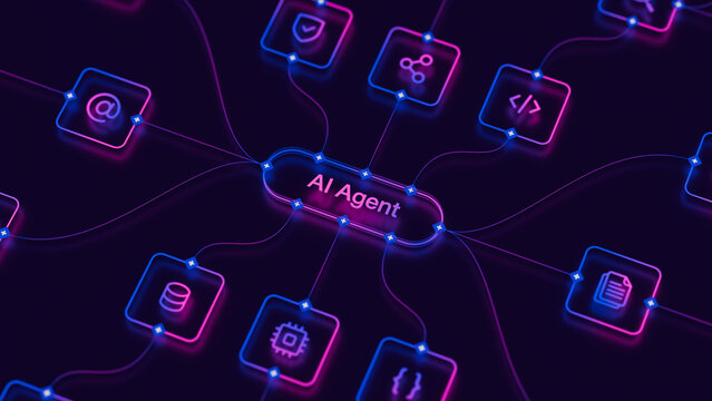 AI workflow automation artificial intelligence agent software interface nodes triggers data tool dashboard coding icon flow process database technology 3d rendering.