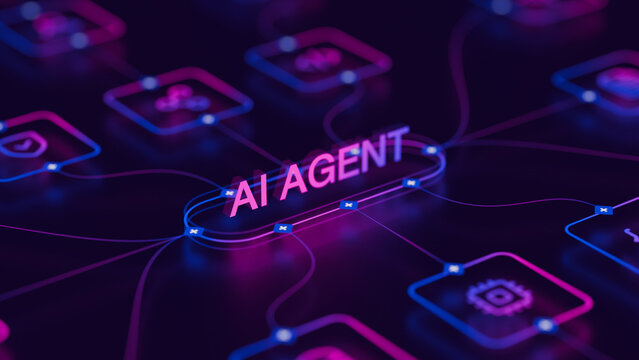 AI workflow automation artificial intelligence agent software interface nodes triggers data tool dashboard coding icon flow process database technology 3d rendering.