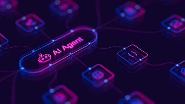 AI workflow automation artificial intelligence agent software interface nodes triggers data tool dashboard coding icon flow process database technology 3d rendering.