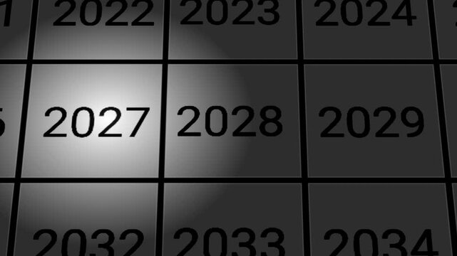 A cinematic camera zoom toward the year 2027 highlighted by a spotlight on a dark grid of consecutive years.