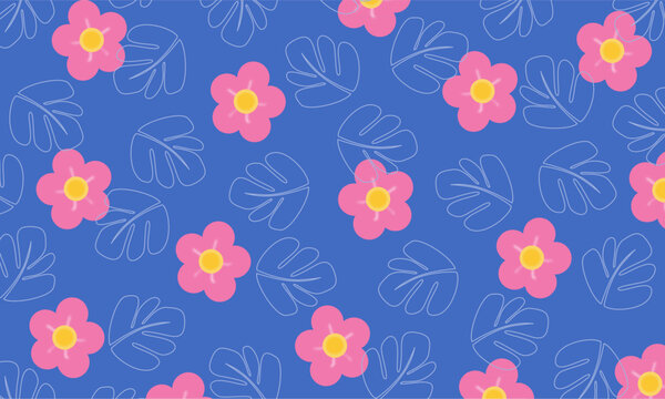 Monstera and pink flowers background vector. Springs background