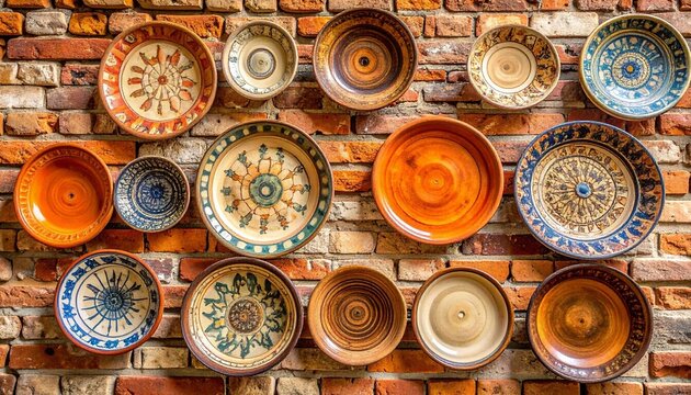 Decorative plates on a brick wall